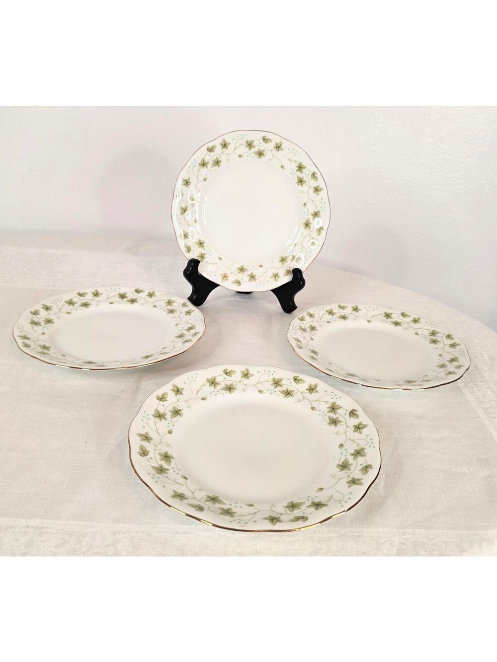 4 Vtg Diana by Favolina China Saucer/Dessert Plates 6 1/2" White w/Green Leaves